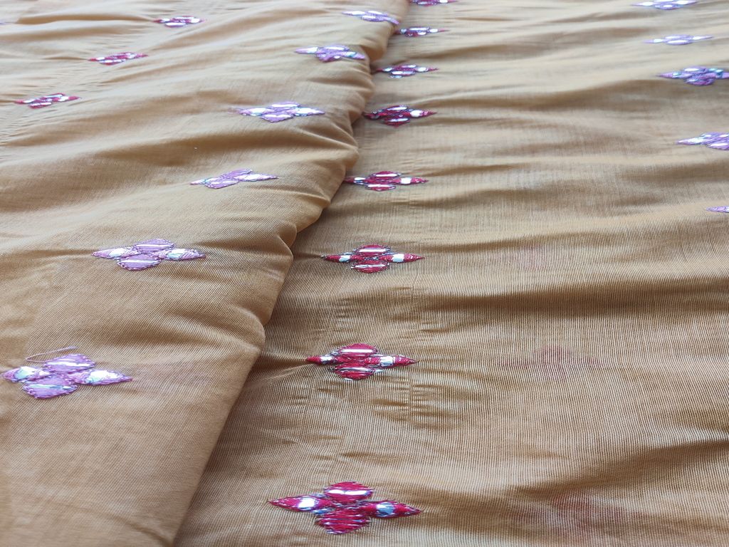 Beige Motifs Thread & Faux Mirror Chanderi Fabric (Wholesale)