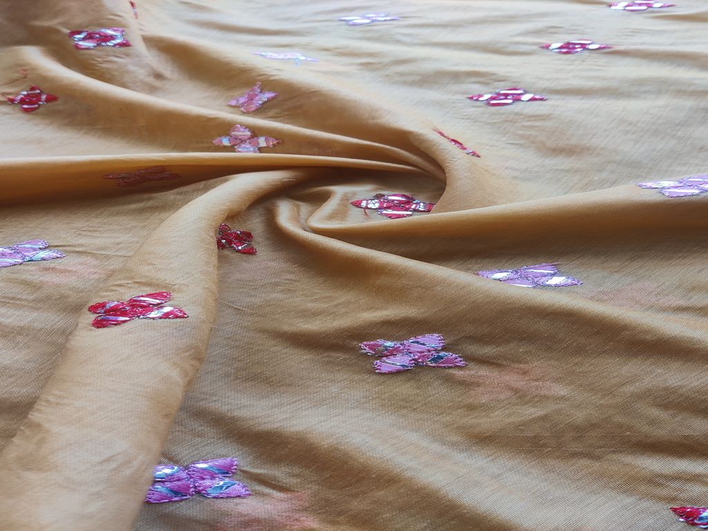 Beige Motifs Thread & Faux Mirror Chanderi Fabric