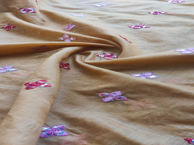 Beige Motifs Thread & Faux Mirror Chanderi Fabric (Wholesale)