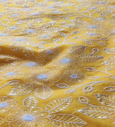 Yellow & White Floral Sequins & ChikanKari Chanderi Fabric