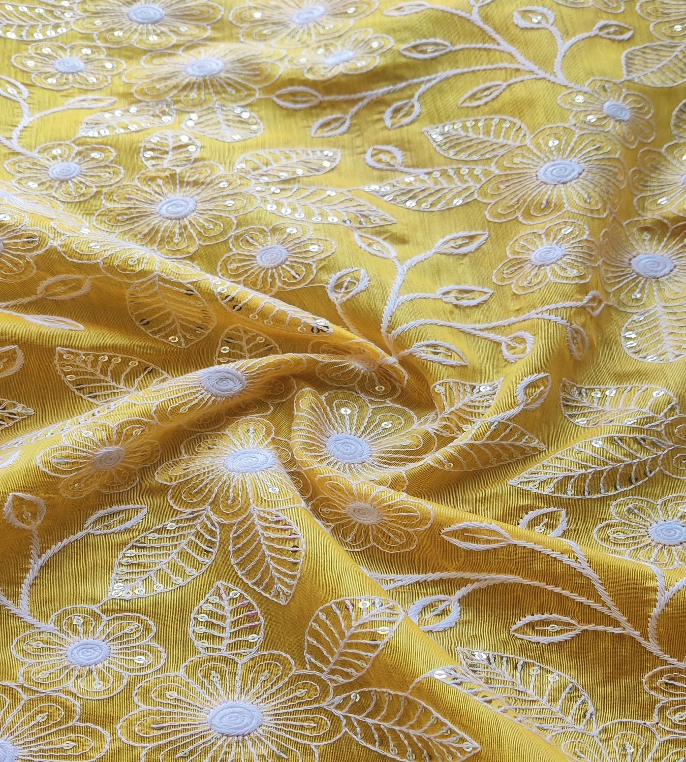 Yellow & White Floral Sequins & ChikanKari Chanderi Fabric