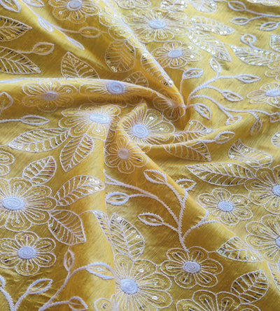 Yellow & White Floral Sequins & ChikanKari Chanderi Fabric