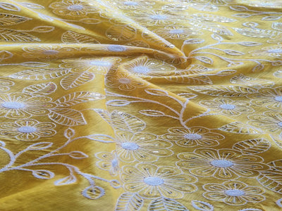 Yellow & White Floral Sequins & ChikanKari Chanderi Fabric