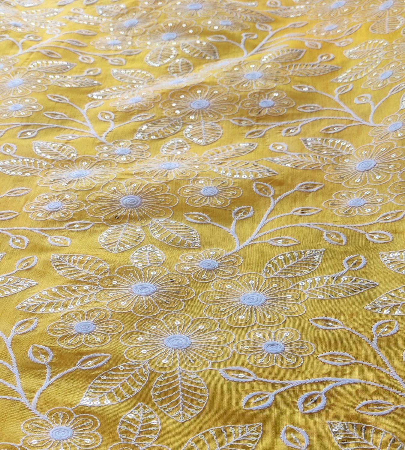 Yellow & White Floral Sequins & ChikanKari Chanderi Fabric