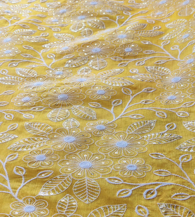 Yellow & White Floral Sequins & ChikanKari Chanderi Fabric