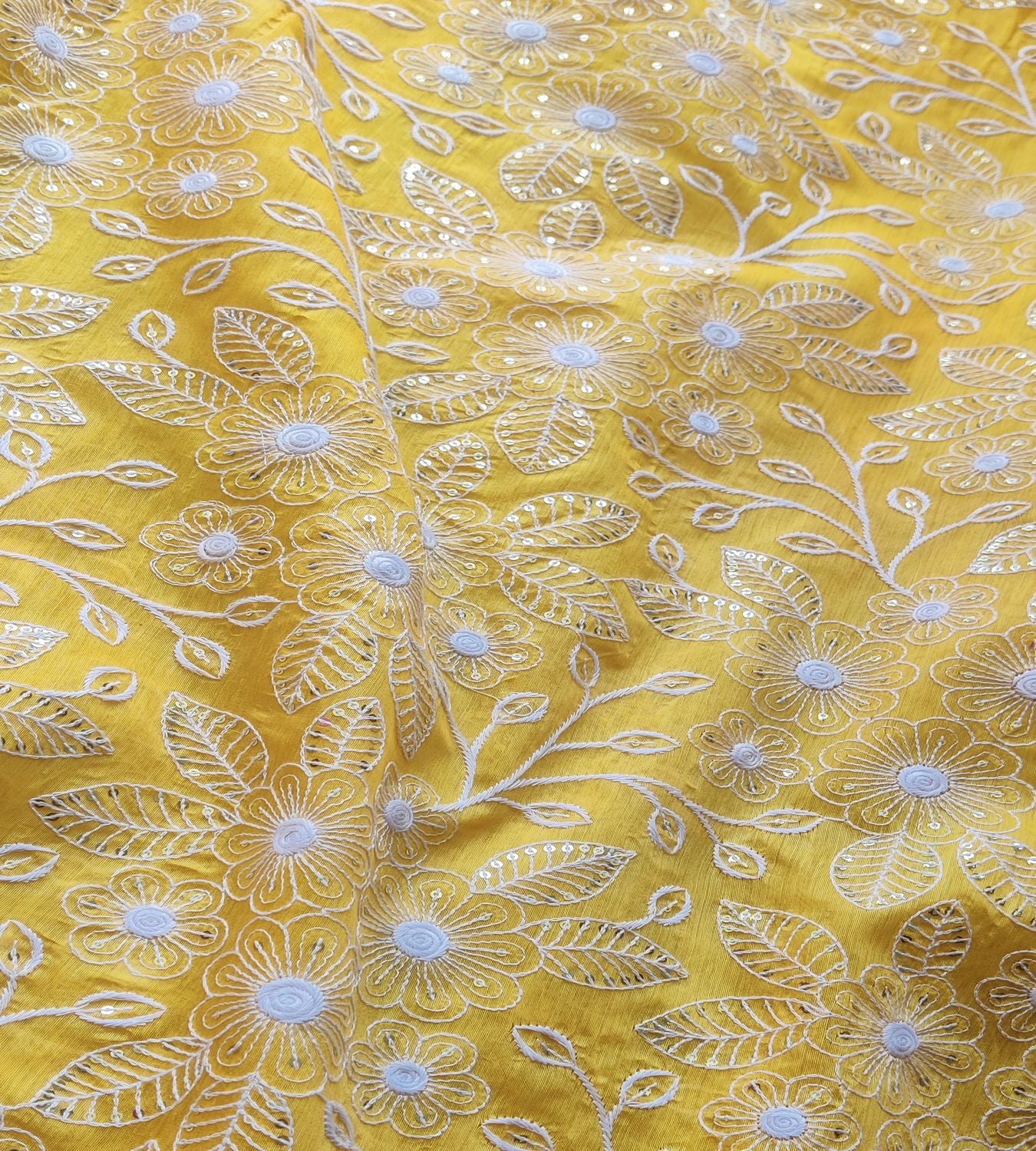 Yellow & White Floral Sequins & ChikanKari Chanderi Fabric