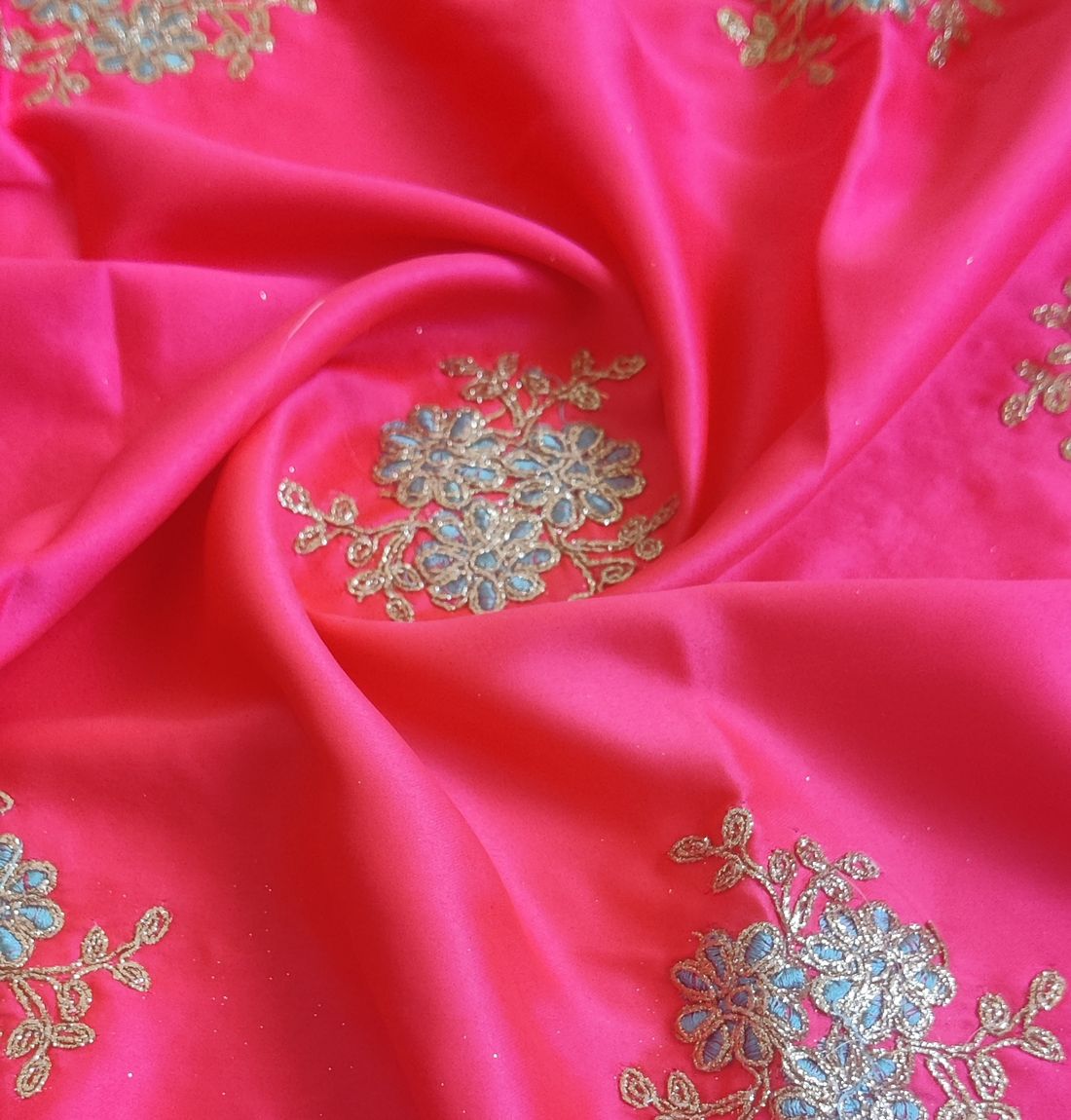 Hot Pink & Golden Motifs Dori Embroidered Satin Fabric (Wholesale)