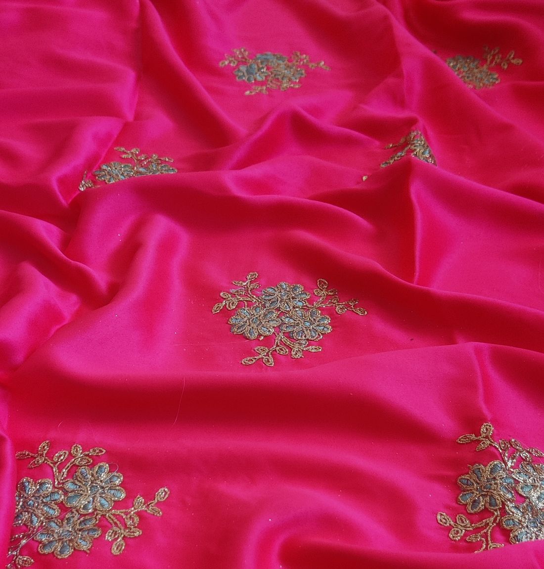 Hot Pink & Golden Motifs Dori Embroidered Satin Fabric (Wholesale)