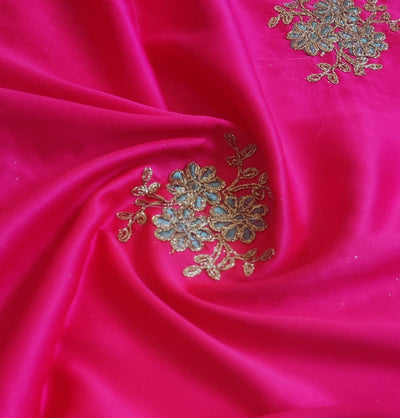 Hot Pink & Golden Motifs Dori Embroidered Satin Fabric (Wholesale)