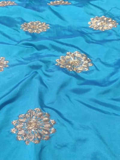 Peacock Blue Floral Sequins & Zardozi Taffeta Silk Fabric