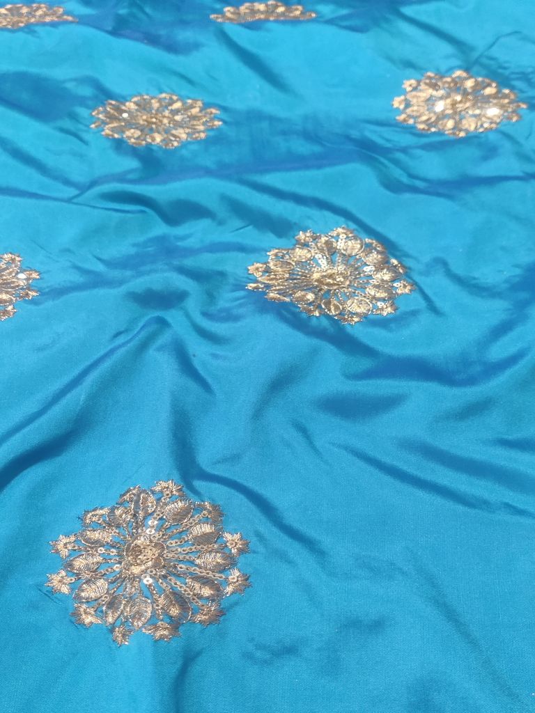 Peacock Blue Floral Sequins & Zardozi Taffeta Silk Fabric (Wholesale)