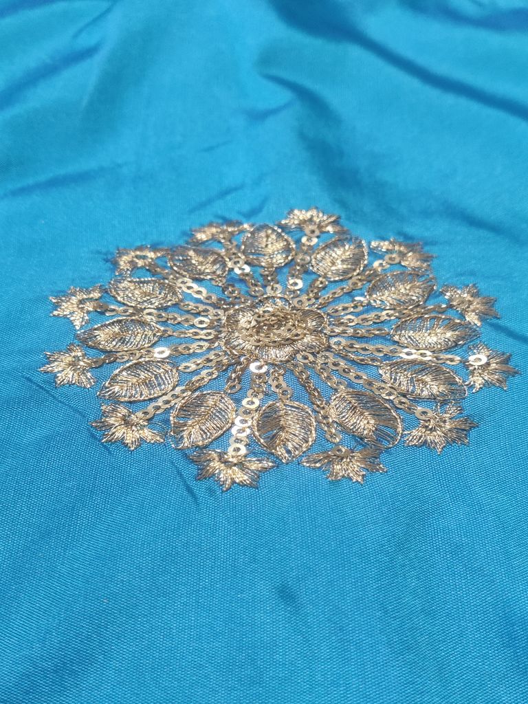 Peacock Blue Floral Sequins & Zardozi Taffeta Silk Fabric (Wholesale)