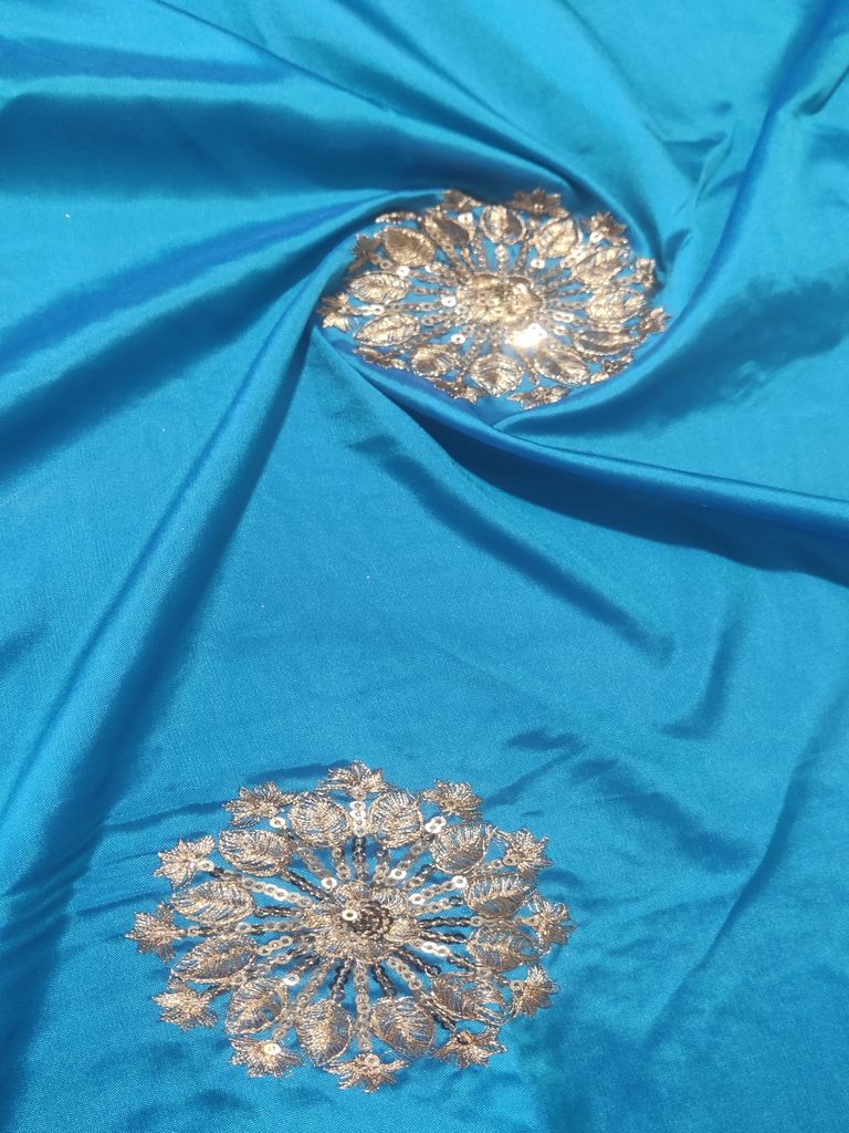 Peacock Blue Floral Sequins & Zardozi Taffeta Silk Fabric