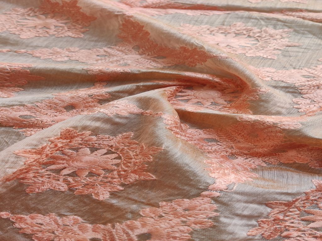 Peach Traditional Chikankari Embroidered Chanderi Fabric (Wholesale)