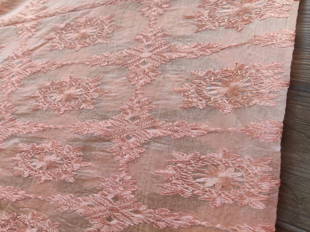 Peach Traditional Chikankari Embroidered Chanderi Fabric (Wholesale)