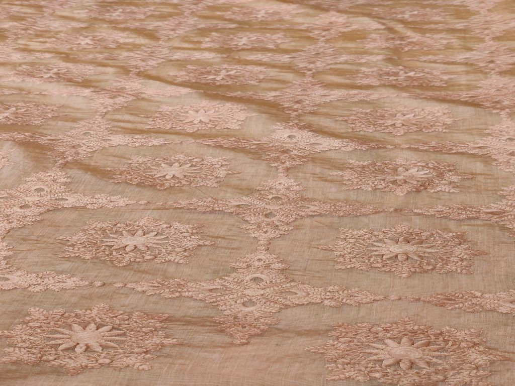 Peach Traditional Chikankari Embroidered Chanderi Fabric (Wholesale)