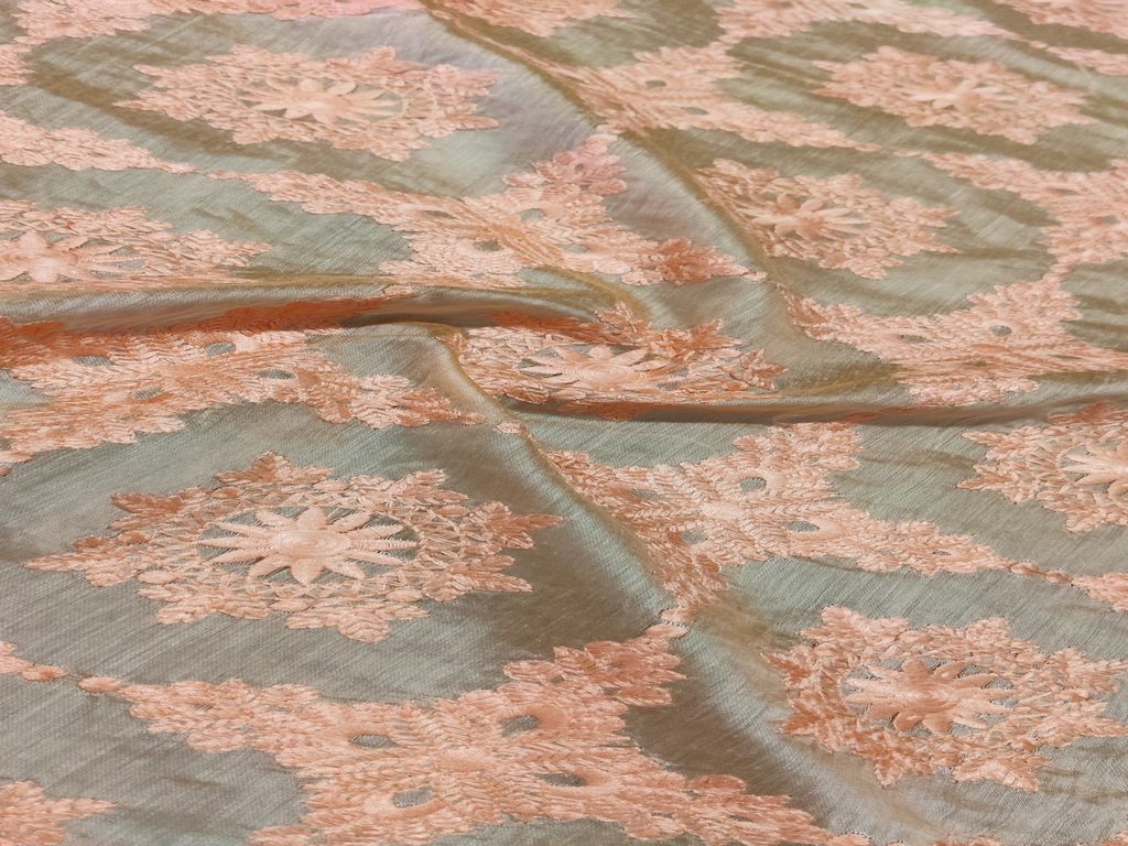 Peach Traditional Chikankari Embroidered Chanderi Fabric (Wholesale)