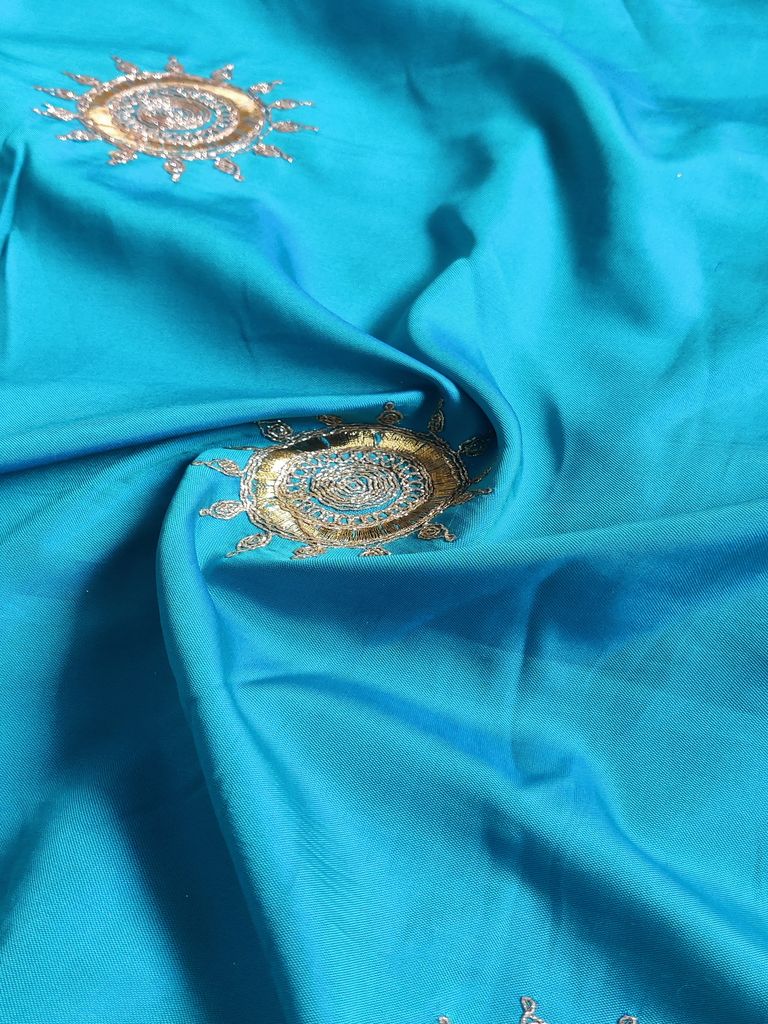 Blue Motifs Zardozi & Dori Taffeta Silk Fabric