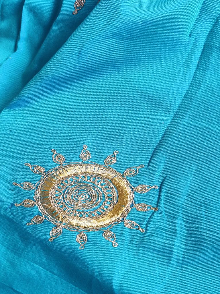 Blue Motifs Zardozi & Dori Taffeta Silk Fabric (Wholesale)