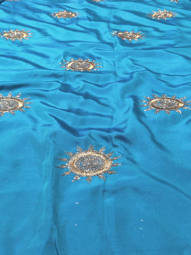 Blue Motifs Zardozi & Dori Taffeta Silk Fabric