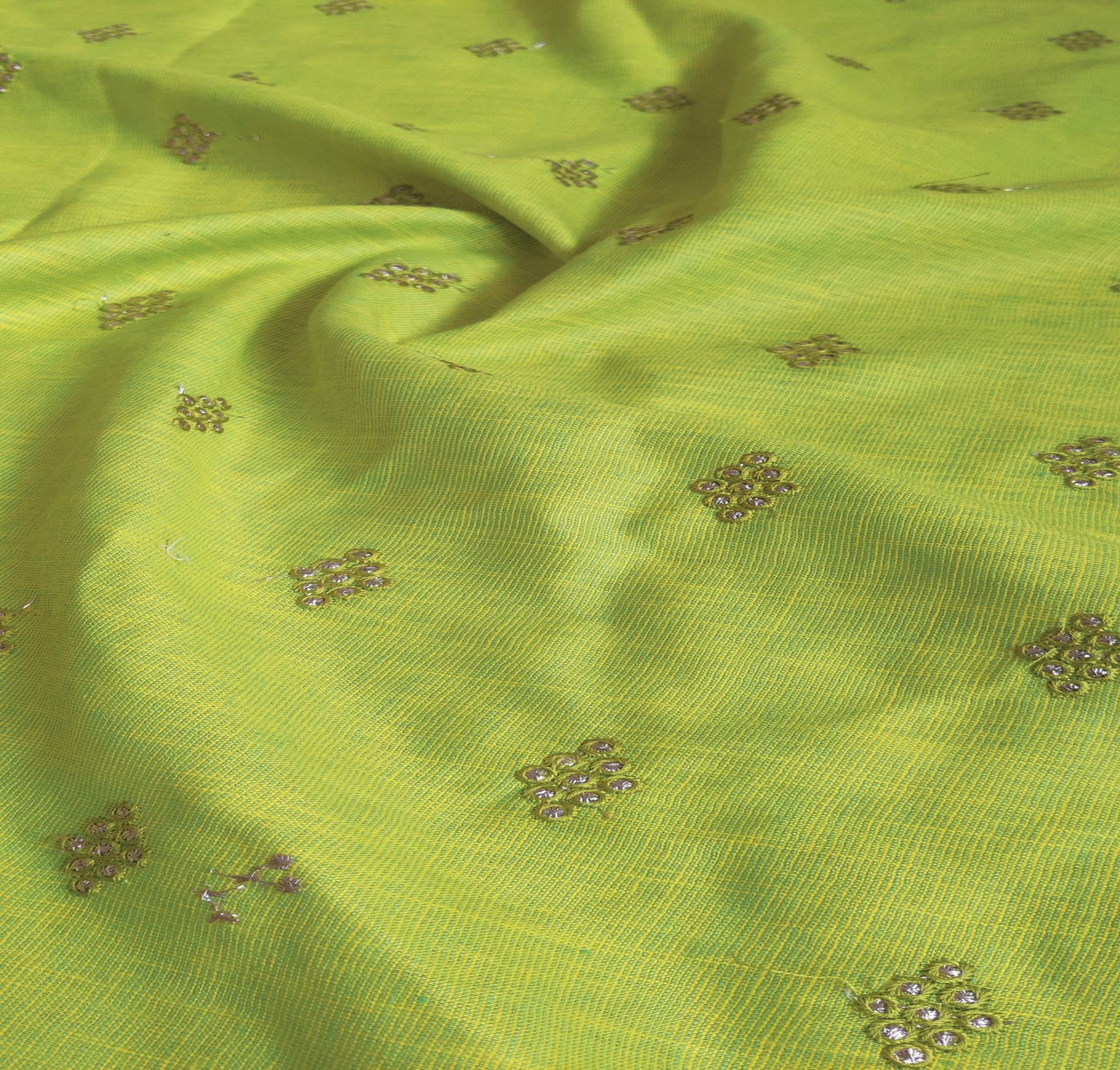 Green & Yellow Motifs Textured Embroidered Zardozi Linen Fabric