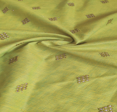 Green & Yellow Motifs Textured Embroidered Zardozi Linen Fabric