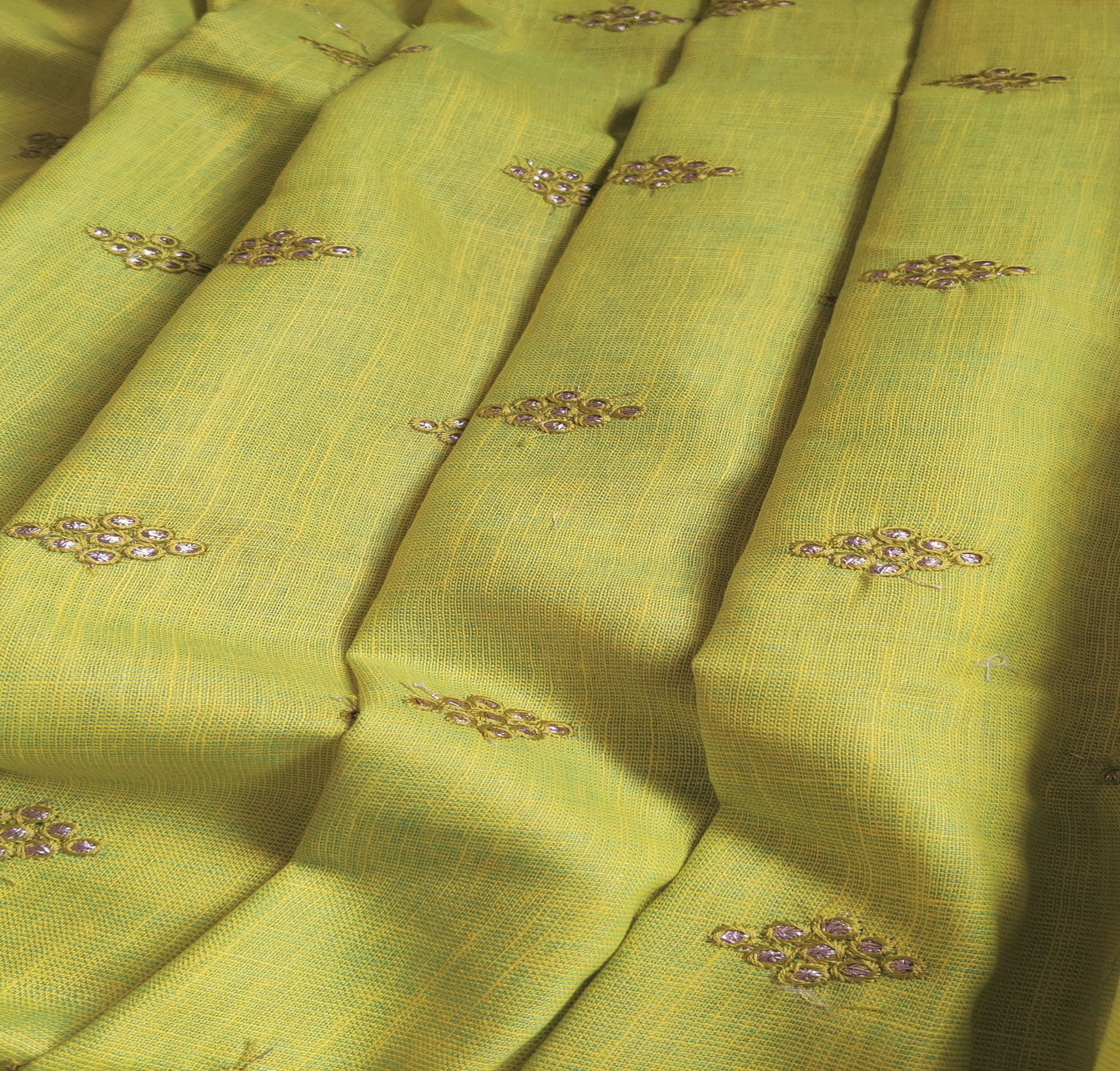 Green & Yellow Motifs Textured Embroidered Zardozi Linen Fabric