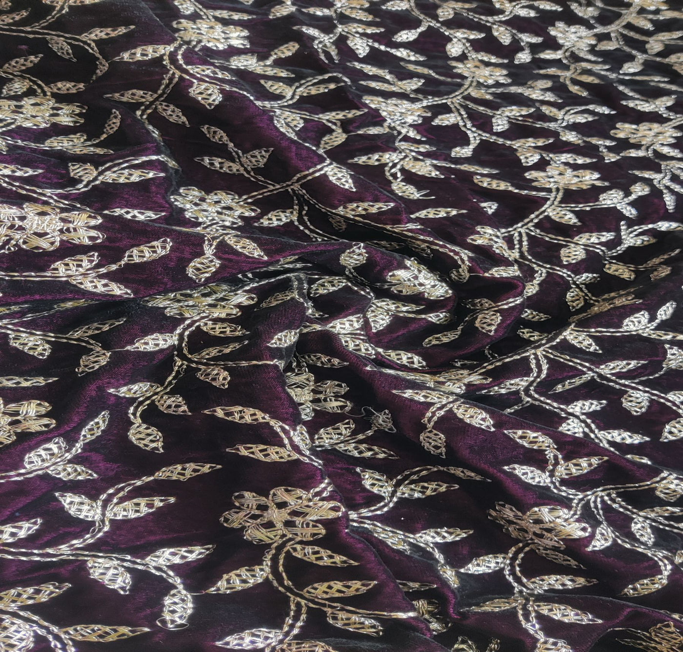 Wine & Golden Floral Embroidered Zardozi Velvet Fabric