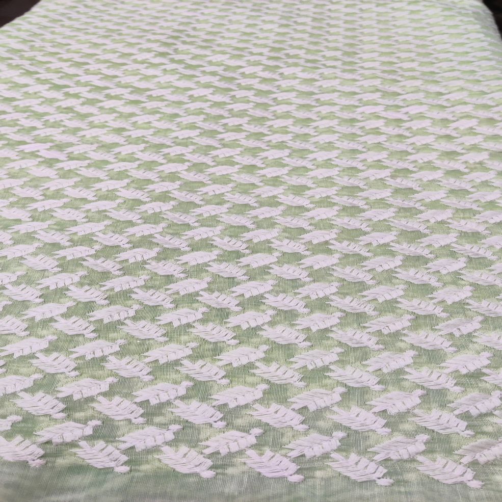 Light Green & White Motifs Thread Embroidered Chanderi Fabric