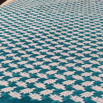 Teal Blue & White Motifs Thread Embroidered Chanderi Fabric