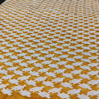 Mustard & White Motifs Thread Embroidered Chanderi Fabric
