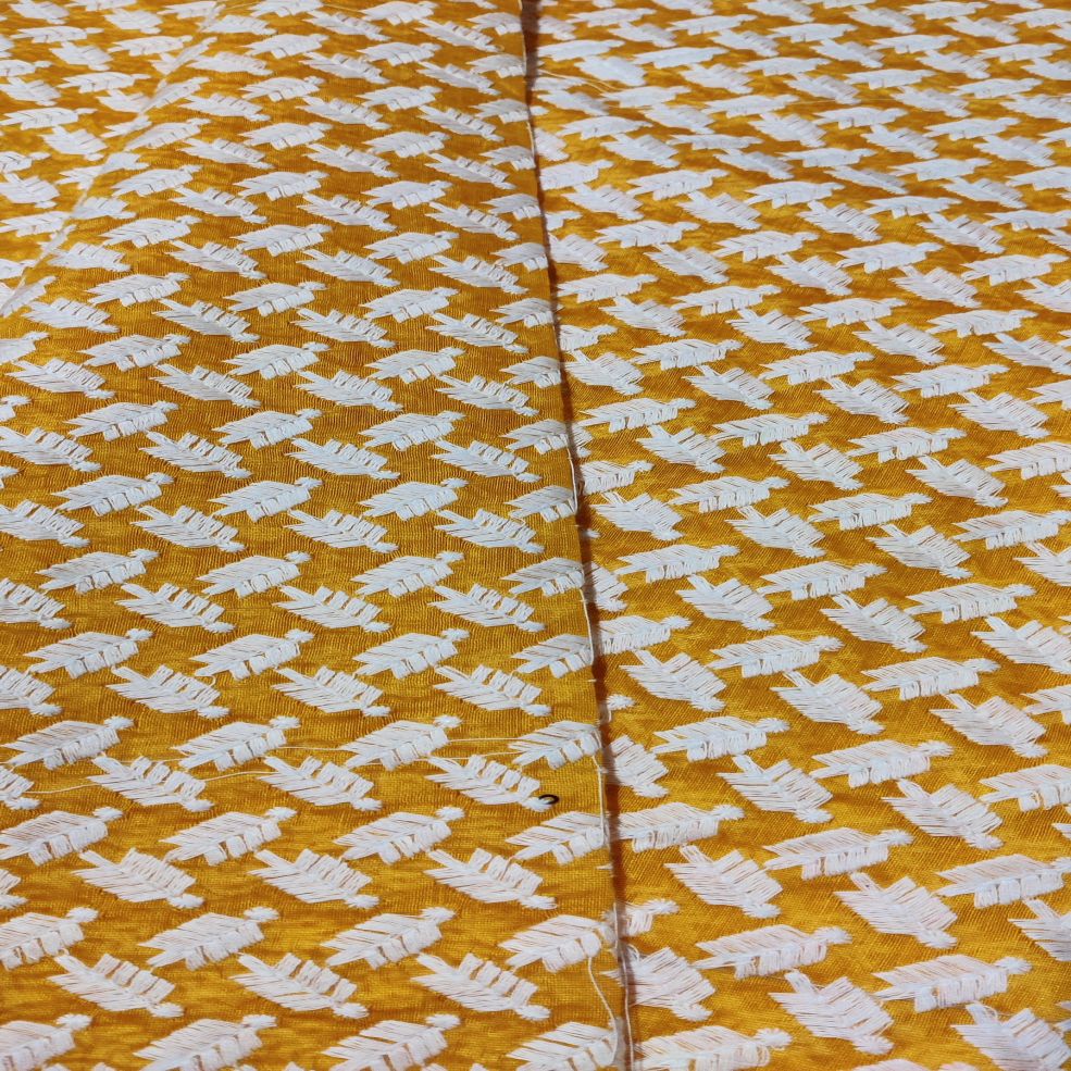 Mustard & White Motifs Thread Embroidered Chanderi Fabric (Wholesale)