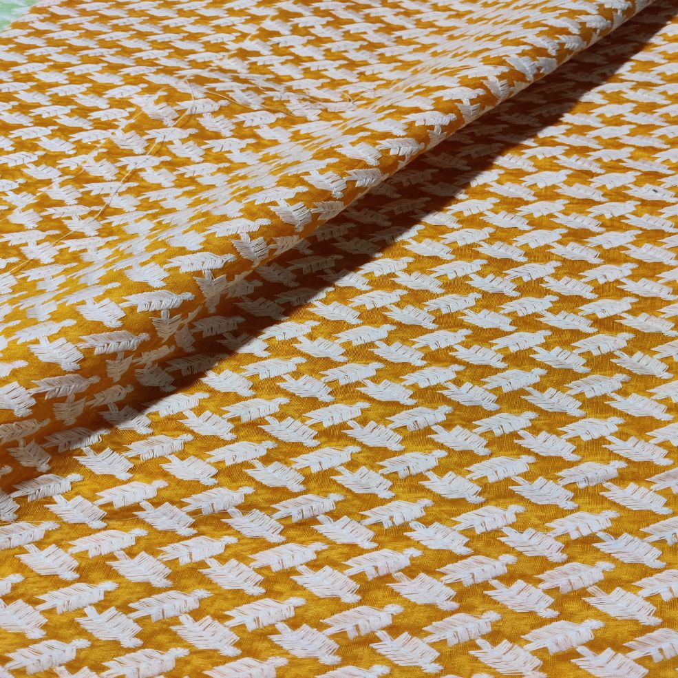 Mustard & White Motifs Thread Embroidered Chanderi Fabric