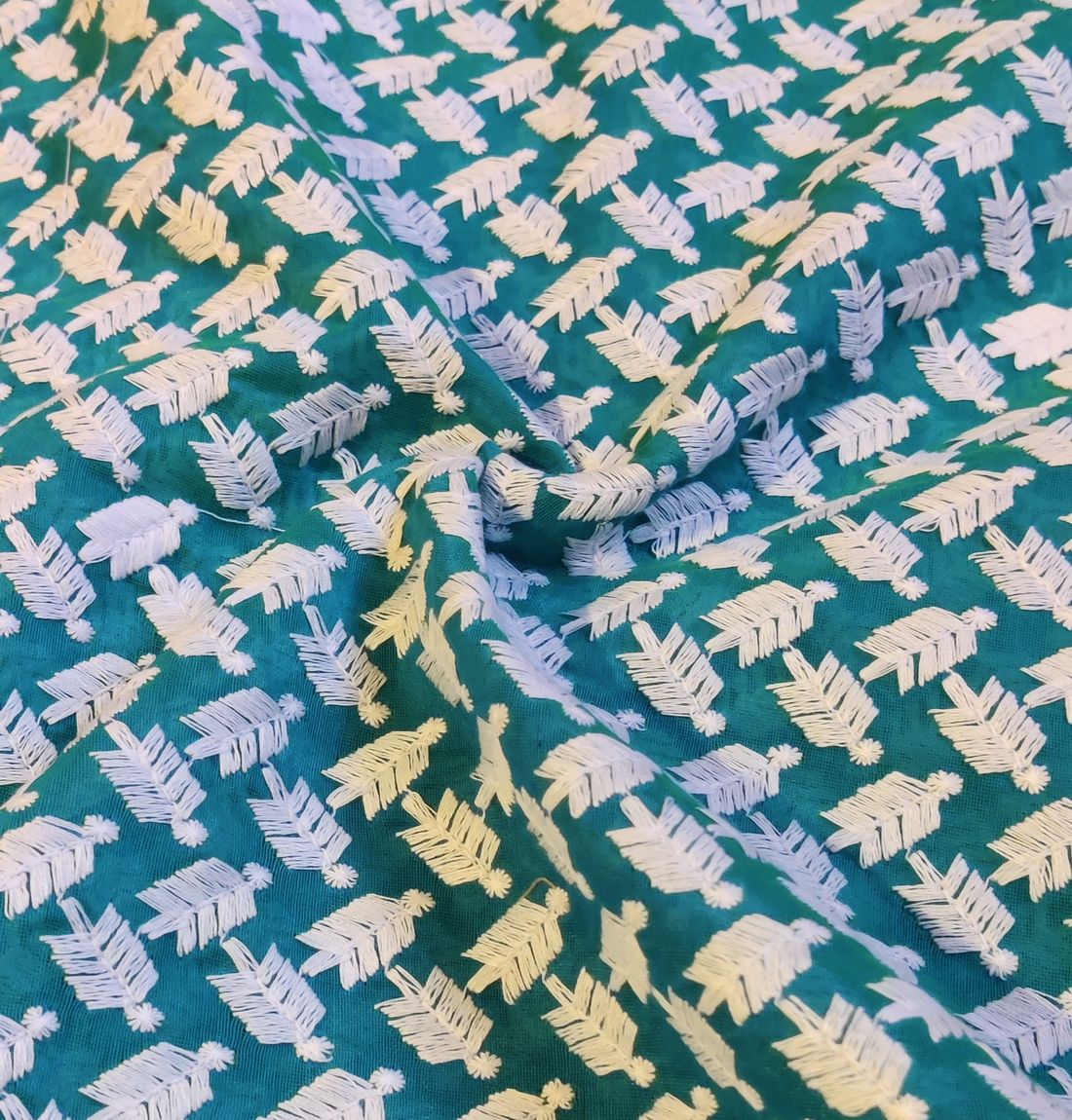 Teal Blue & White Motifs Thread Embroidered Chanderi Fabric