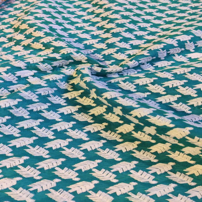 Teal Blue & White Motifs Thread Embroidered Chanderi Fabric