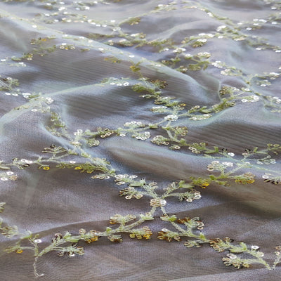 Light Green Traditional Thread & Sequins Organza Fabric