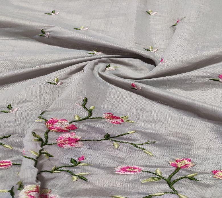 Grey Floral Embroidered Chanderi Fabric