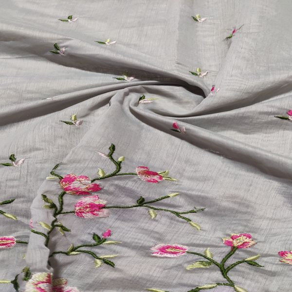 Grey Floral Embroidered Chanderi Fabric (Wholesale)