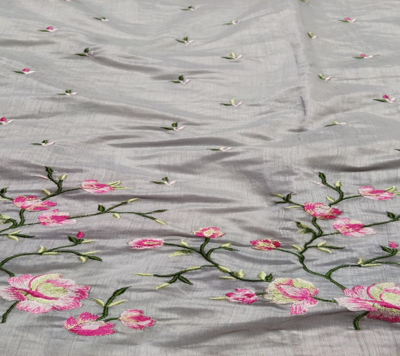Grey Floral Embroidered Chanderi Fabric