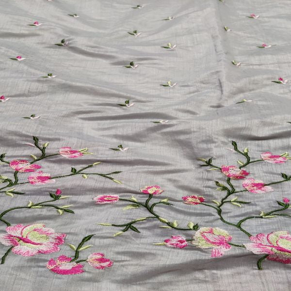 Grey Floral Embroidered Chanderi Fabric (Wholesale)