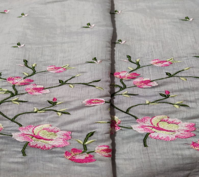 Grey Floral Embroidered Chanderi Fabric