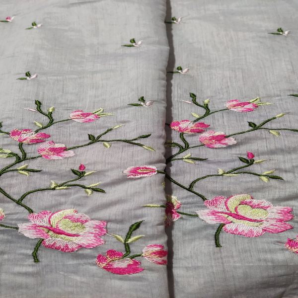 Grey Floral Embroidered Chanderi Fabric (Wholesale)