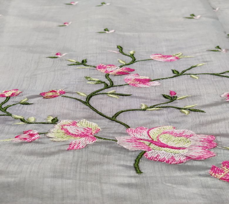 Grey Floral Embroidered Chanderi Fabric