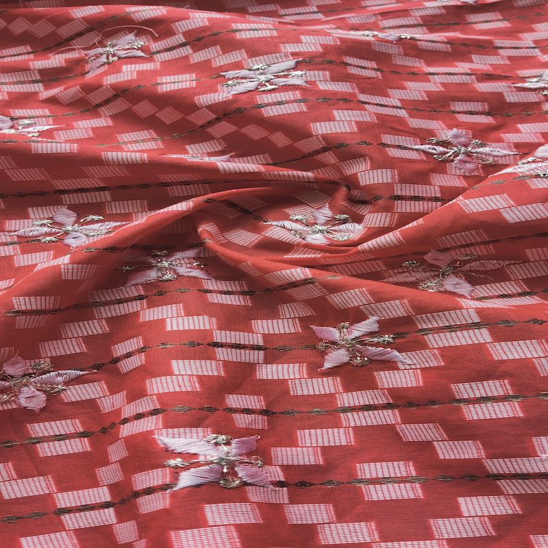 Red Traditional Embroidered Ikat Zardozi Cotton Fabric