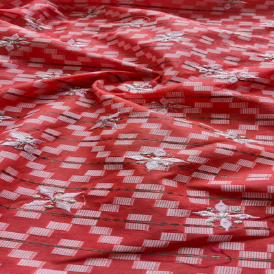 Red Traditional Embroidered Ikat Zardozi Cotton Fabric