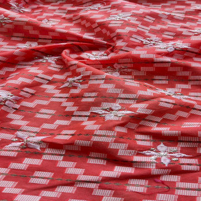 Red Traditional Embroidered Ikat Zardozi Cotton Fabric