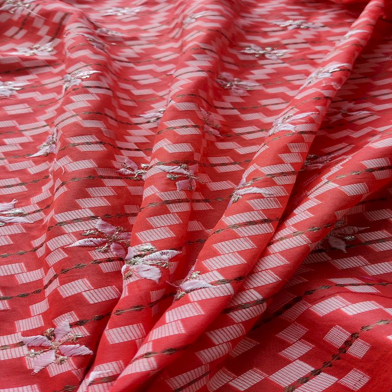 Red Traditional Embroidered Ikat Zardozi Cotton Fabric