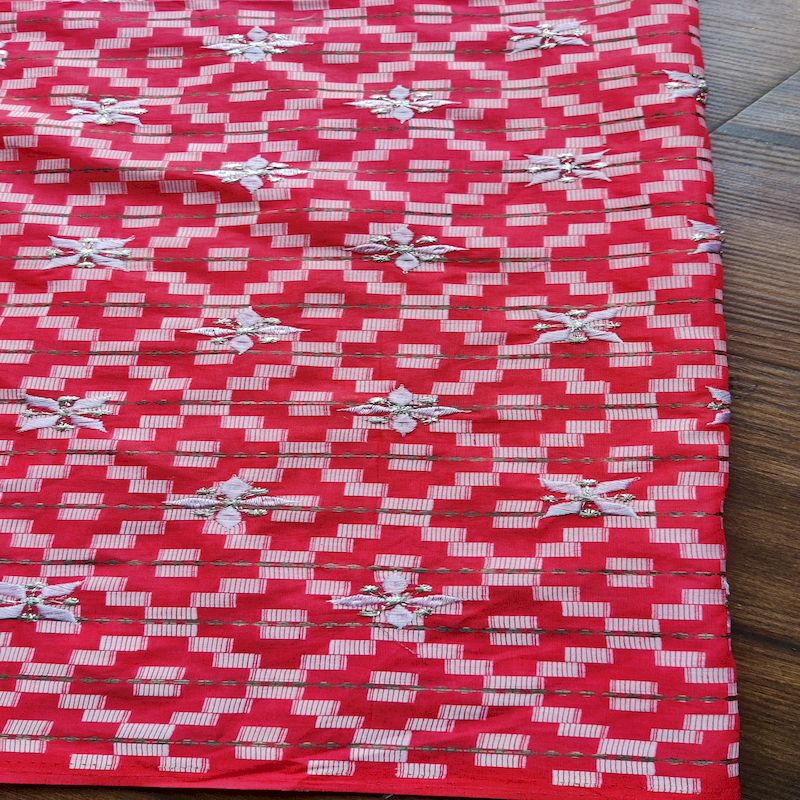 Red Traditional Embroidered Ikat Zardozi Cotton Fabric