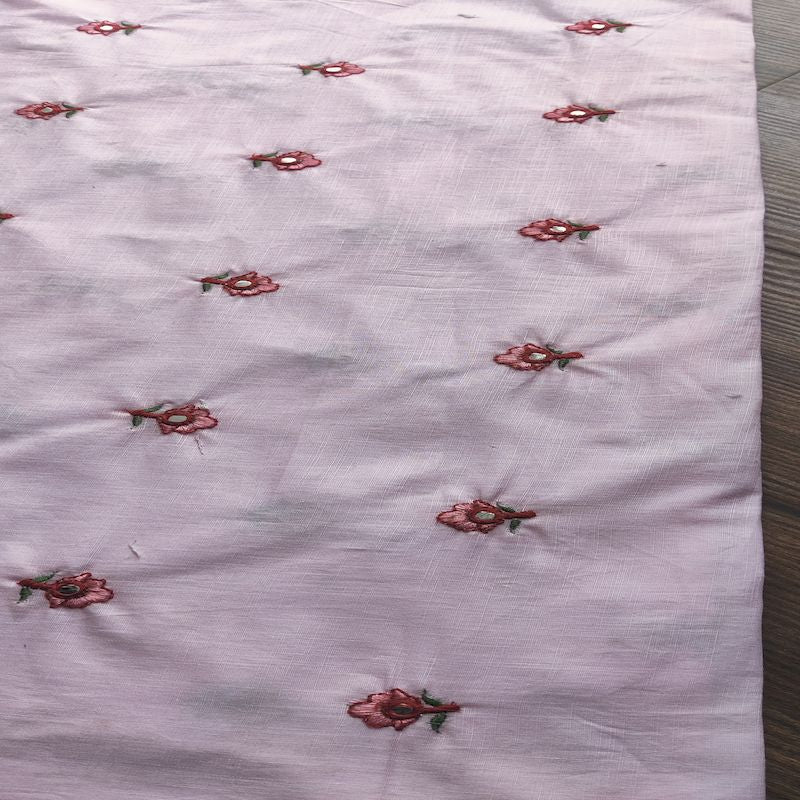 Pink Motifs Mirror & Thread Embroidered Cotton Fabric