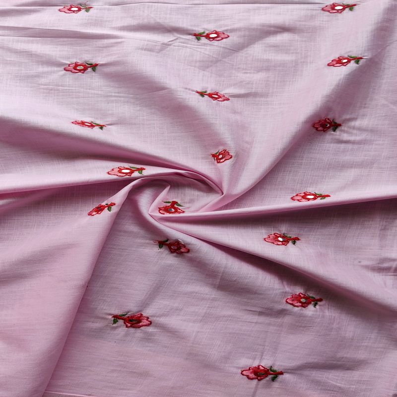 Pink Motifs Mirror & Thread Embroidered Cotton Fabric